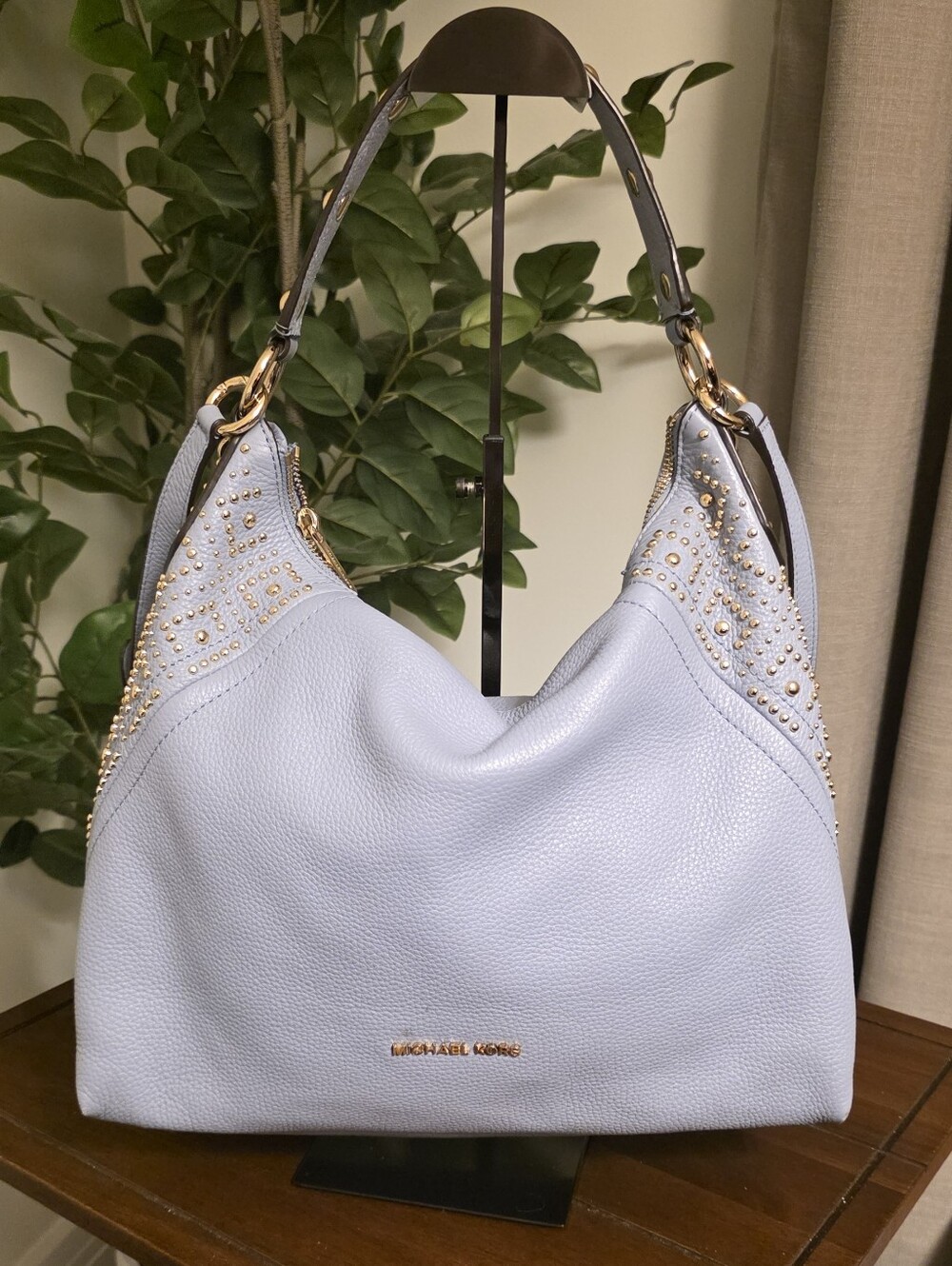 Michael Michael Kors Aria Studded Light Blue Leather Hobo Bag